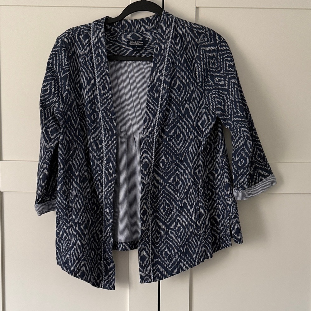 Lucky Brand Navy and White Geometric Open-Front Cardigan